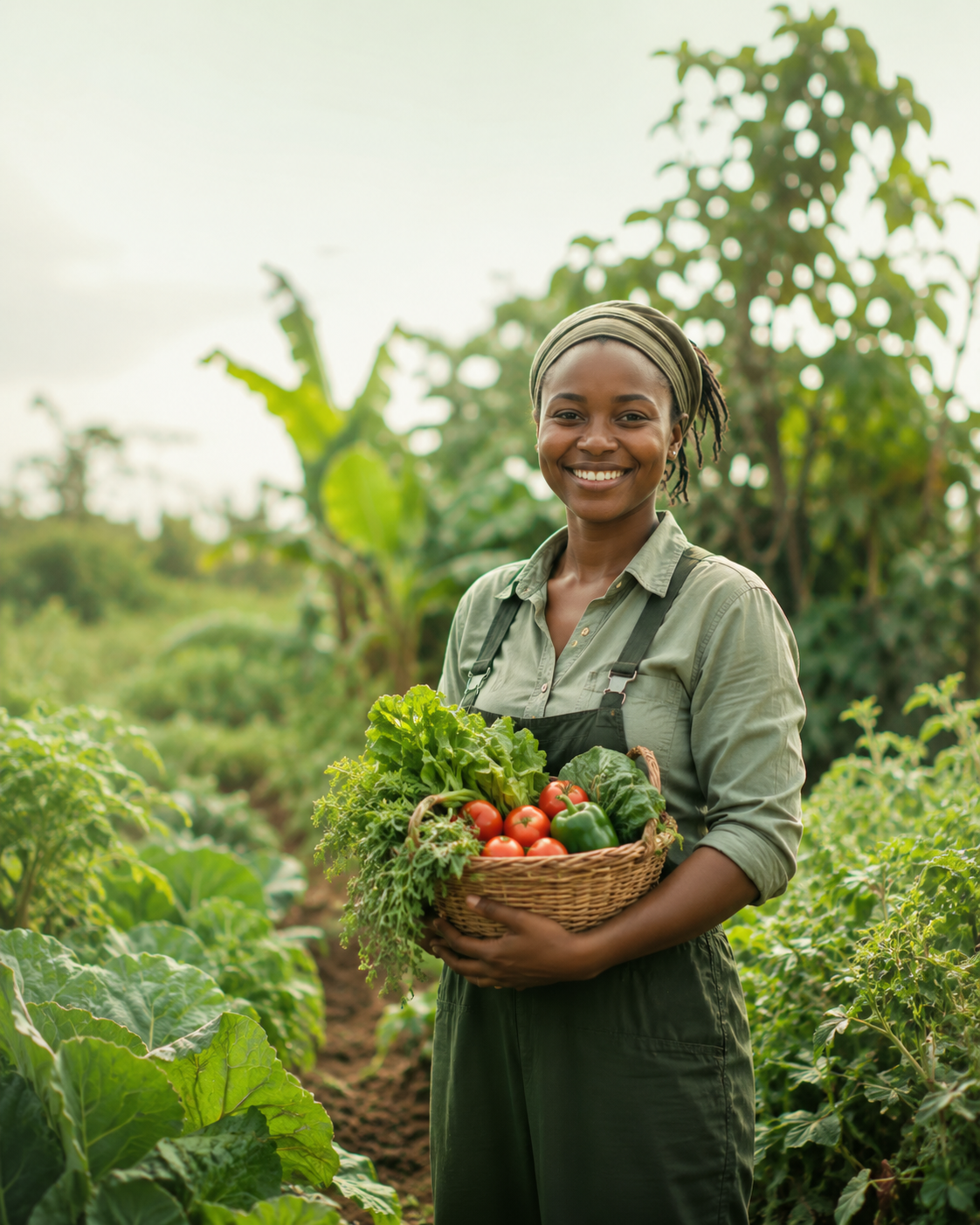 Mkulima wa Tanzania akishika kikapu cha nyanya, pilipili na mboga za majani shambani